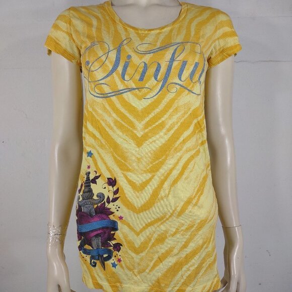 Sinful by Affliction yellow animal print short sleeve graphic t-shirt Medium - Picture 1 of 10